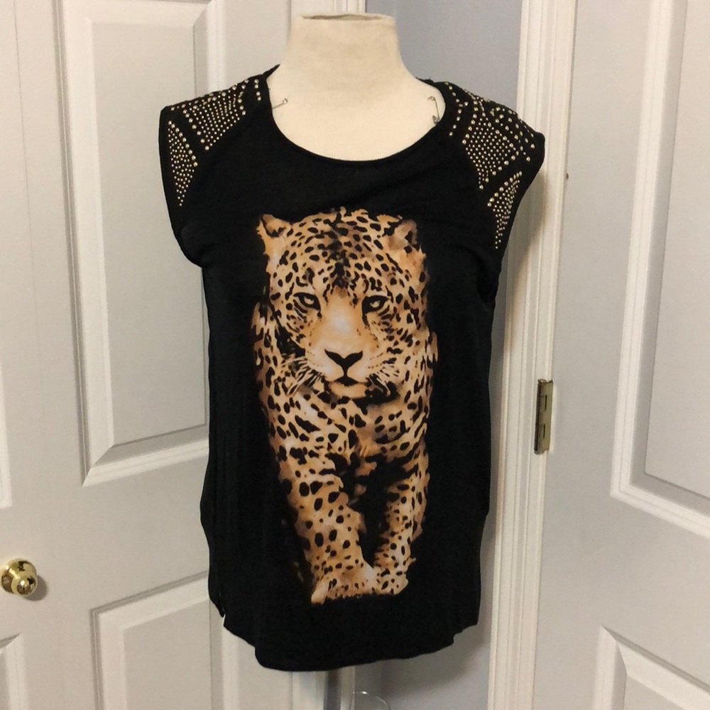 Black leopard T-shirt with gold embellishments
